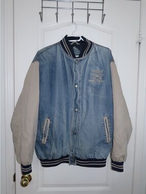 men's distressed denim bomber jacket with beige sleeves